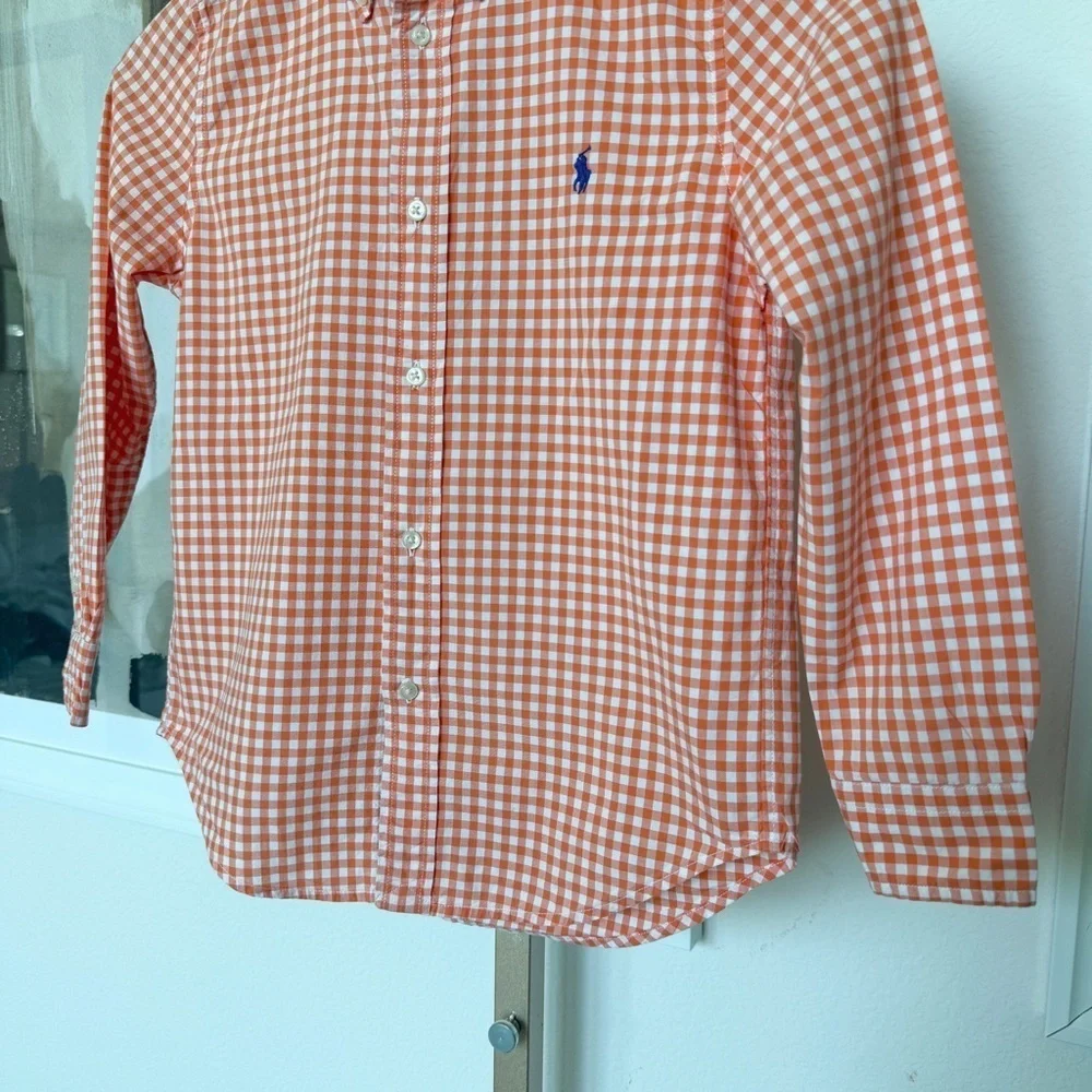 Ralph Lauren Boys Orange Gingham Long Sleeve Button-Up Size 7 Casual Spring